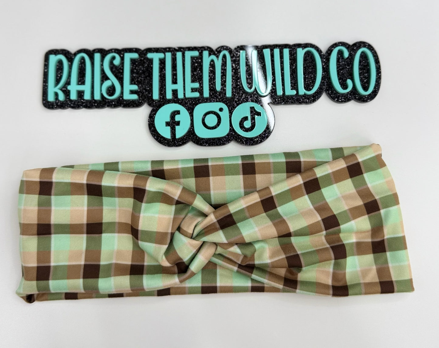 Adult headband mint plaid