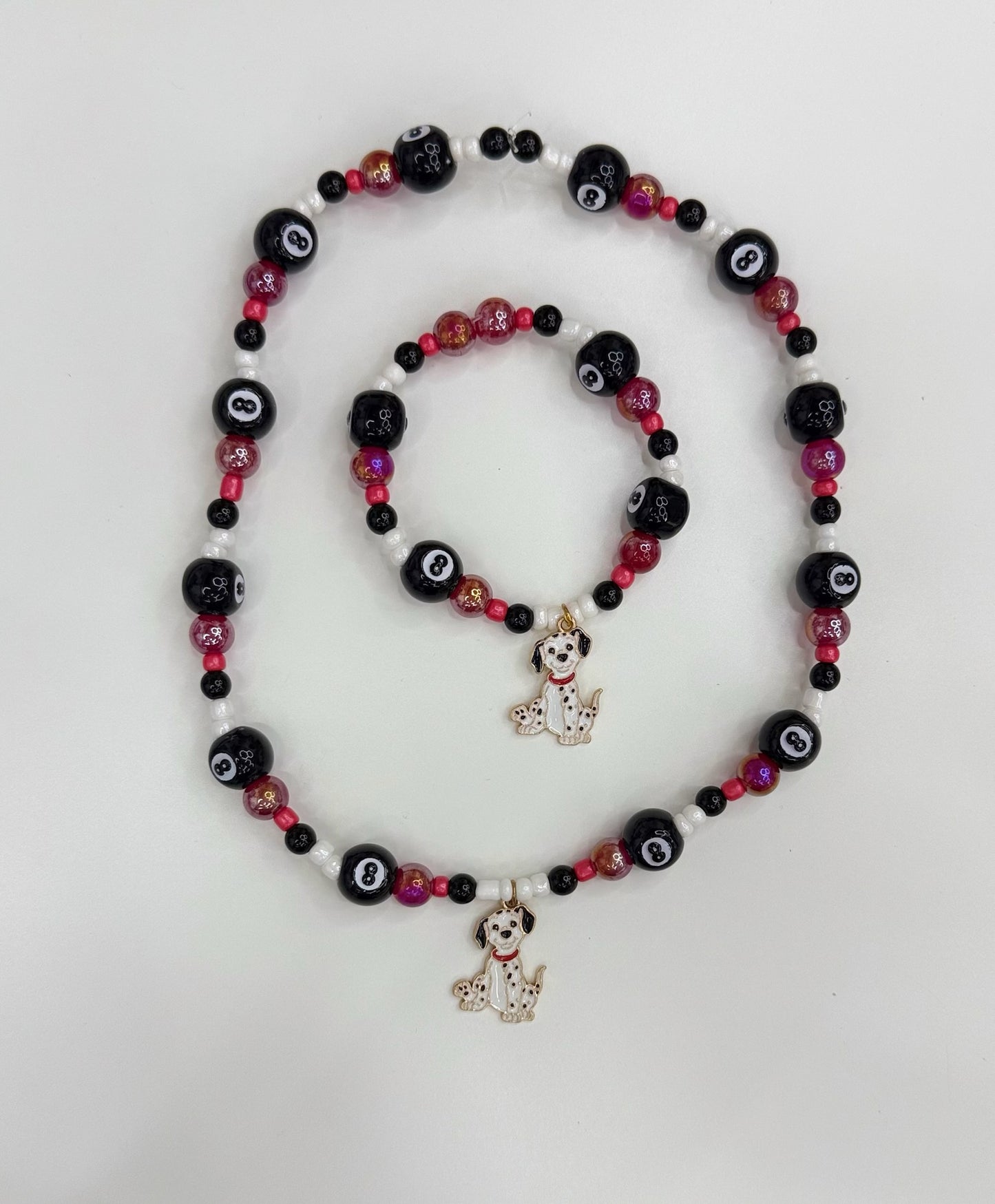 Kids Dalmatian 8 ball red necklace and bracelet set
