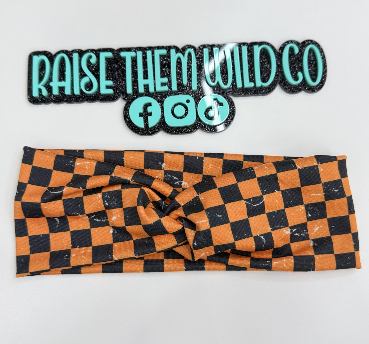 Adult headband orange black check