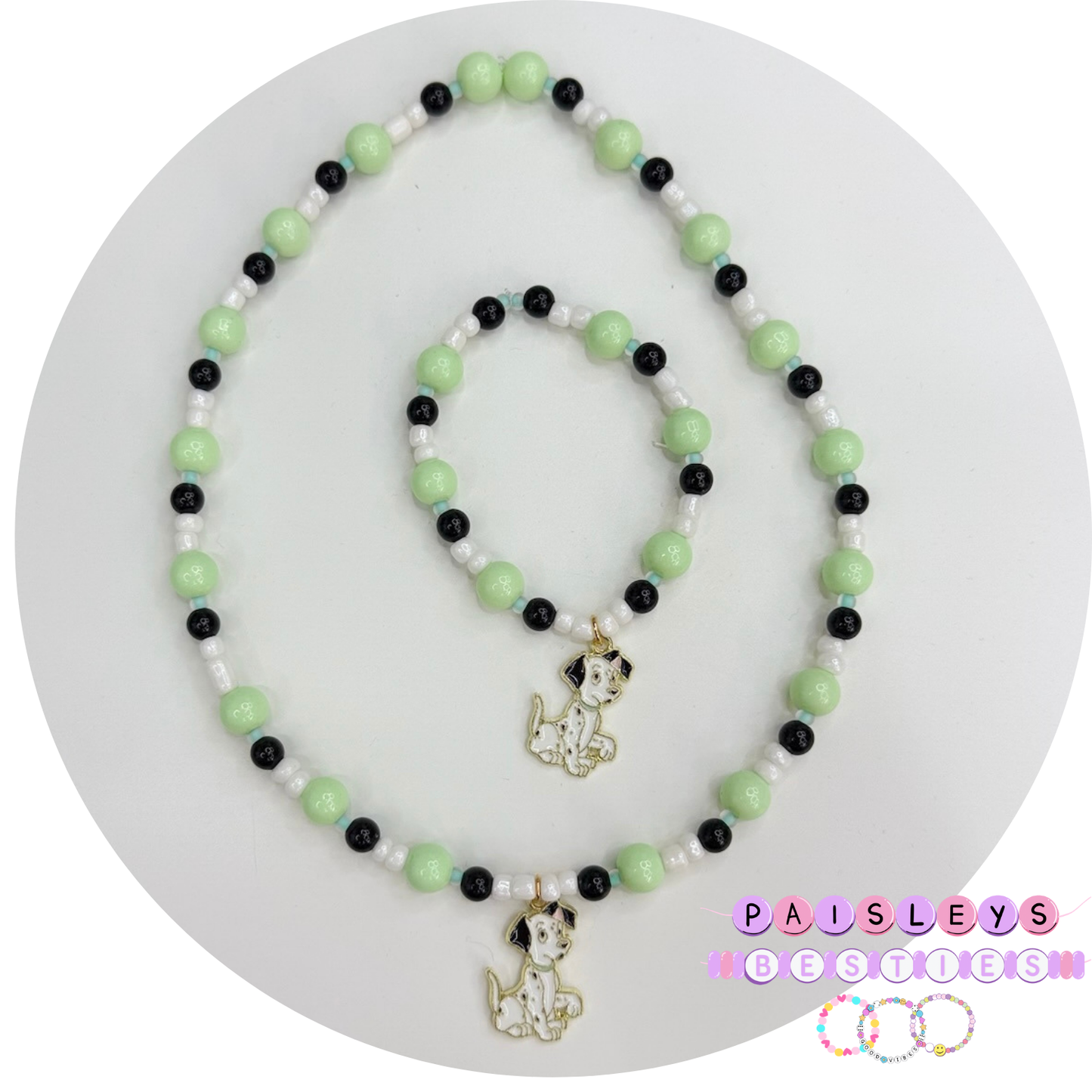 Green Dalmatian necklace bracelet set toddler