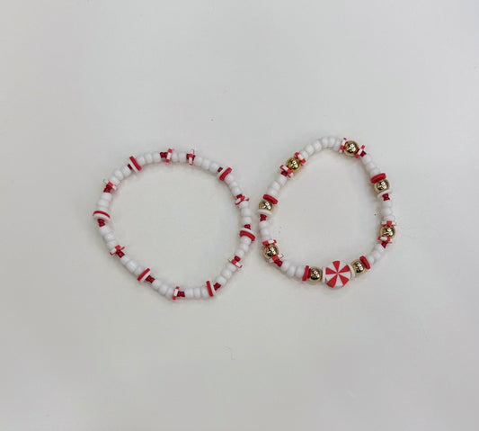 Red & white peppermint bracelet set (2)