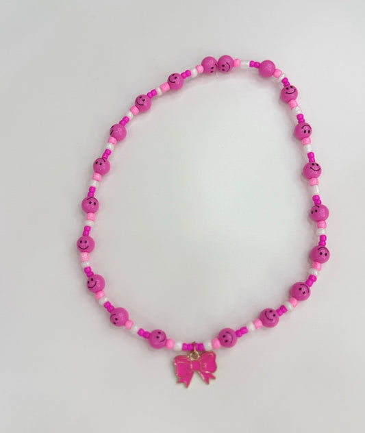 Hot pink smilies & bow charm toddler necklace