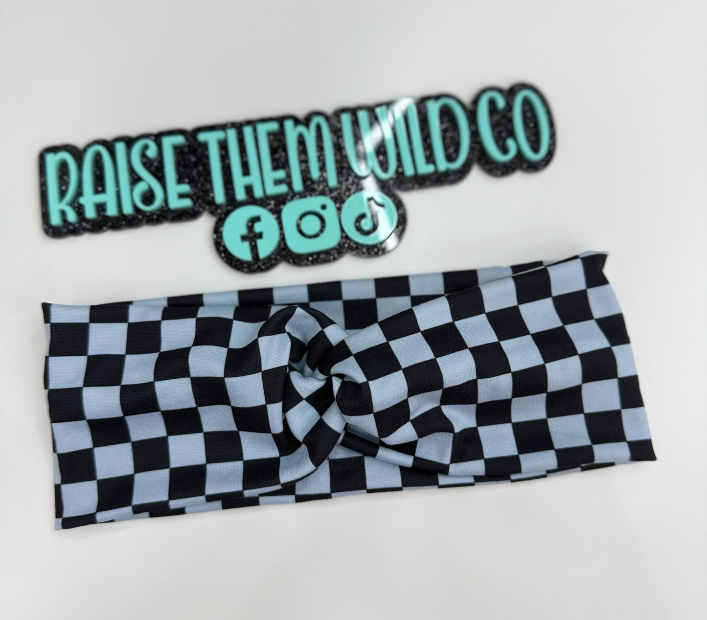 Adult headband black blue check