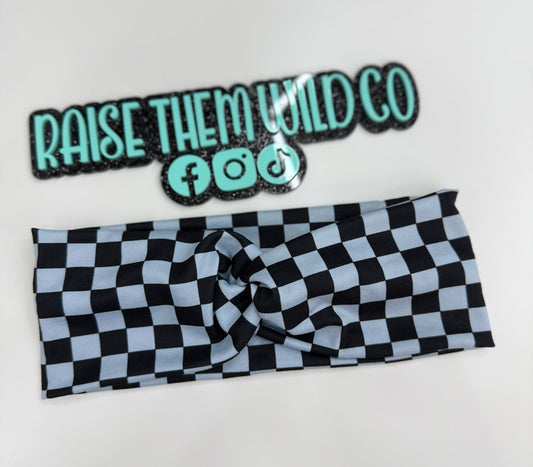 Adult headband black blue check