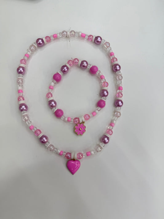 Pink heart / flower necklace and bracelet set