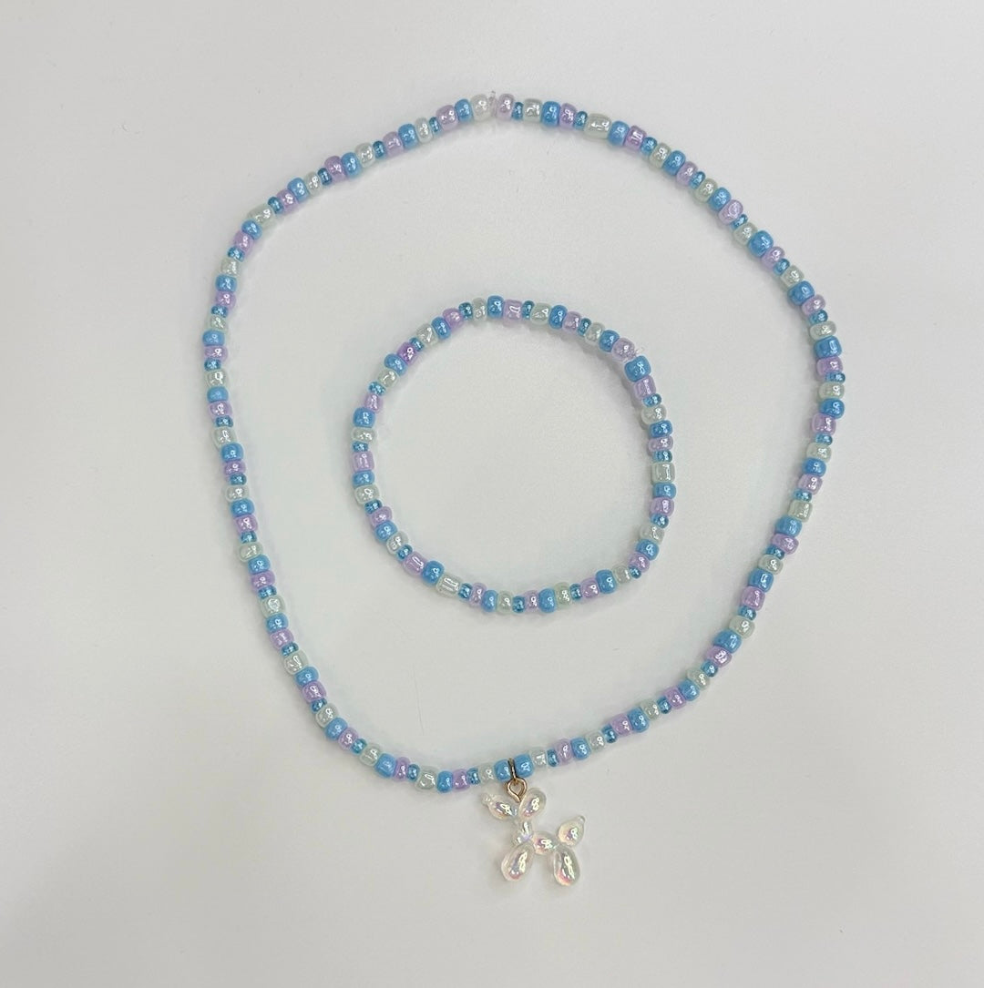 Light blue and purple balloon dog necklace and bracelet set